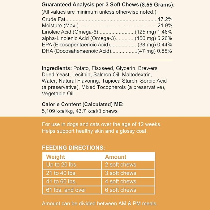 Salmon Oil for Dogs - 180 Soft Chew Omega Treats for Skin and Coat - Fish Oil Blend of Essential Fatty Acids, Omega 3 and 6, Vitamins, Antioxidants and Minerals - Made in USA