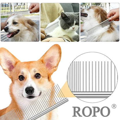 ROPO Dog Comb for Removing Matted Fur - Pet Dematting Comb with Rounded Teeth and Non-Slip Grip Handle - Prevents Knots and Mats for Long and Short Haired Pets (Round handle, Bright Silver)