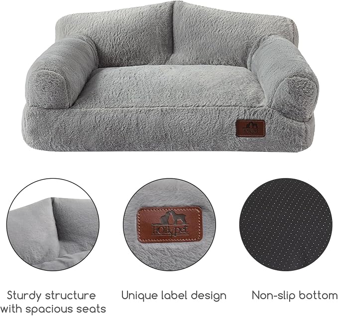 Hollypet Fluffy Plush Pet Cat Couch Soft Calming Pet Sofa Bed for Medium Small Cats and Dogs, Silver Gray
