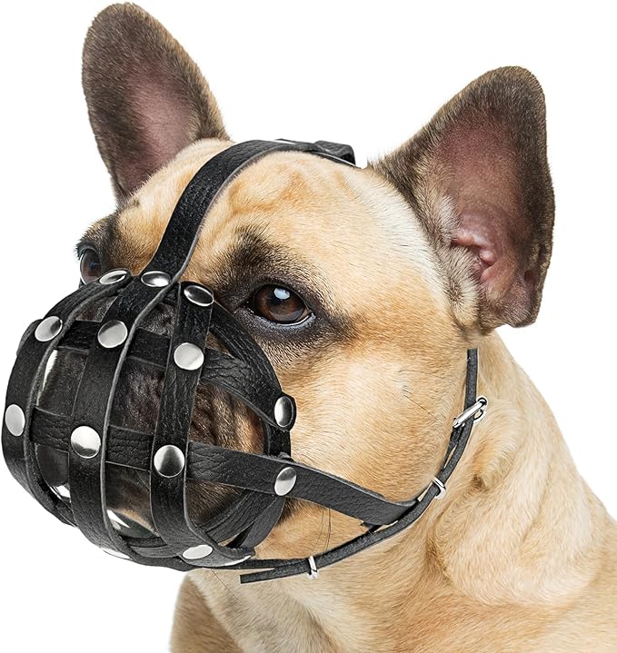 Soft Leather French Bulldog Muzzle – Frenchie Muzzle for Biting and Grooming – Short Snout Dog Muzzle for Small Brachycephalic Breed Dogs: Pug, Shih Tzu, Bulldogs, Boston Terrier (S Size)