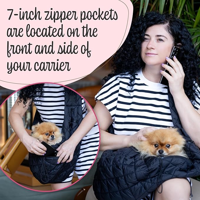 Dog and Cat Sling Carrier for Small Medium Puppy & Kitten Carrying, Wearable Crossbody Purse Bag with Adjustable Size and Shoulder Strap, Safety Clip, Two Zip Pockets (Black)