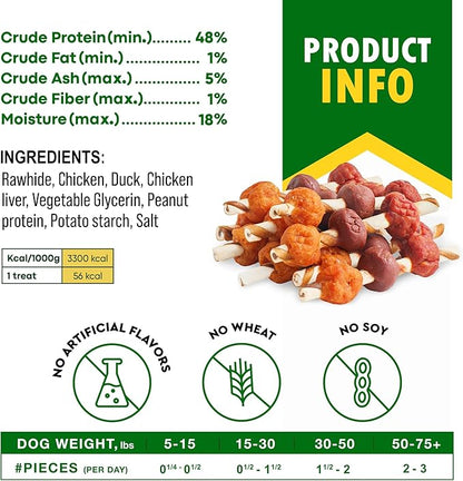 Kabobs Dog Rawhide Treats with Duck & Chicken Human Grade Meat - All Natural & Organic Dried Snacks - Grain Free Long Lasting Chews for Large & Small Dogs - Best Sticks for Training & Healthy Teeth