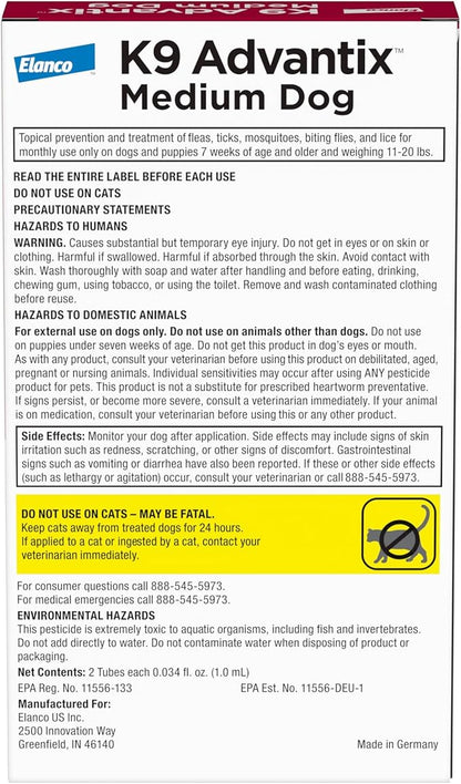 K9 Advantix Flea, Tick & Mosquito Prevention for Dogs 11-20 lbs. | Flea Drops for Medium Dogs | Apply Monthly | 2 Treatments