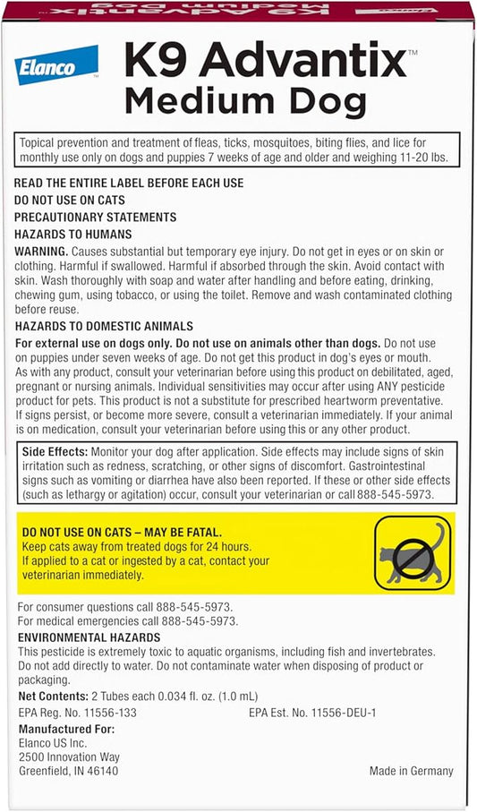 K9 Advantix Flea, Tick & Mosquito Prevention for Dogs 11-20 lbs. | Flea Drops for Medium Dogs | Apply Monthly | 2 Treatments