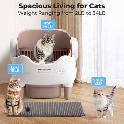 Self Cleaning Litter Box, Automatic Cat Litter Box with APP Control, Odor-Free Waste Disposal Includes Trash Bags, Large Waste Bin, Open-Top, for Multiple Cats
