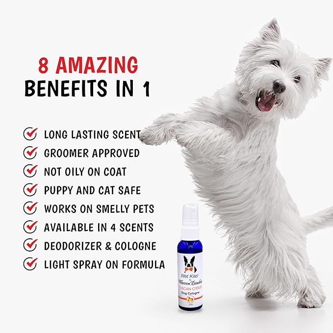 Warren London - Wet Kiss Dog Cologne, Long Lasting Dog Spray, Dog Deodorant to Remove Odor from Stinky Dogs, Tuscan Citrus, 2 Ounce Bottle