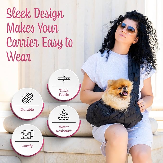 Dog and Cat Sling Carrier for Small Medium Puppy & Kitten Carrying, Wearable Crossbody Purse Bag with Adjustable Size and Shoulder Strap, Safety Clip, Two Zip Pockets (Black)