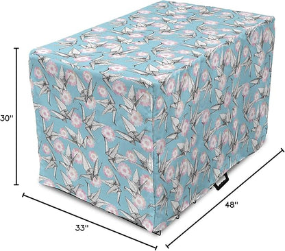 Lunarable Origami Dog Crate Cover, Japanese Tradition Paper Cranes and Cherry Blossom Petals Spring, Easy to Use Pet Kennel Cover for Medium Large Dogs, 48 Inch, Pale Pink Pale Blue White