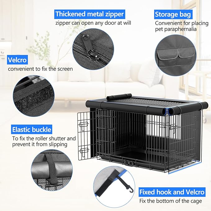 Double Door Dog Crate Cover, 600D Oxford Kennel Kennel Covers with Waterproof, Windproof, Breathable Mesh, Storage Pocket, 24", Cage Covers for Cat Small Puppy