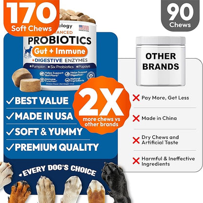 Probiotics for Dogs - 170 Dog Probiotics Chews - Digestive Enzymes & Prebiotics - Support Gut Health, Diarrhea, Gas & Constipation Relief - Itchy Skin, Allergies, Yeast Balance - Advanced Supplement