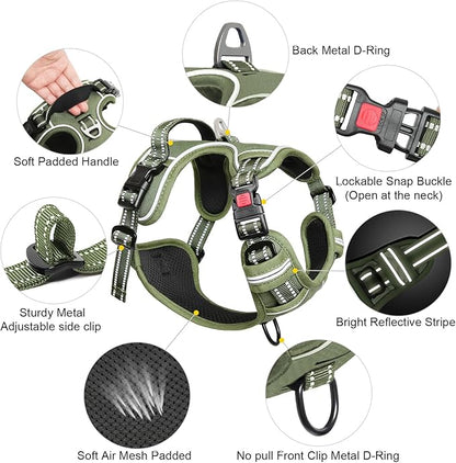 Timos Dog Harness Small Sized, No Pull Pet Harness with Neck Lockable Snap,No Choke Front Clip Dog Reflective Vest,Adjustable Metal Rings 3 Buckles,Easy Control Handle for Small Dogs Green S