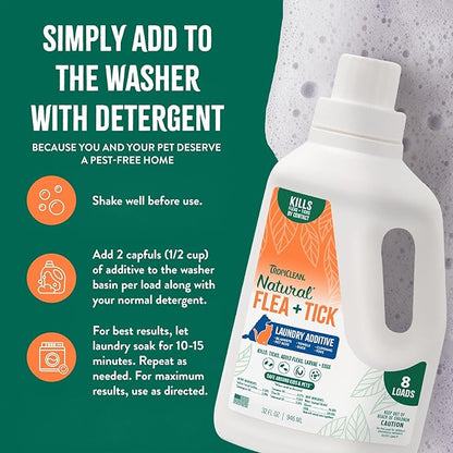TropiClean Flea and Tick Laundry Additive, Laundry Detergent Booster, Safe for Dogs, Cats, & Home, Powerful Treatment Laundry Addition, 32oz
