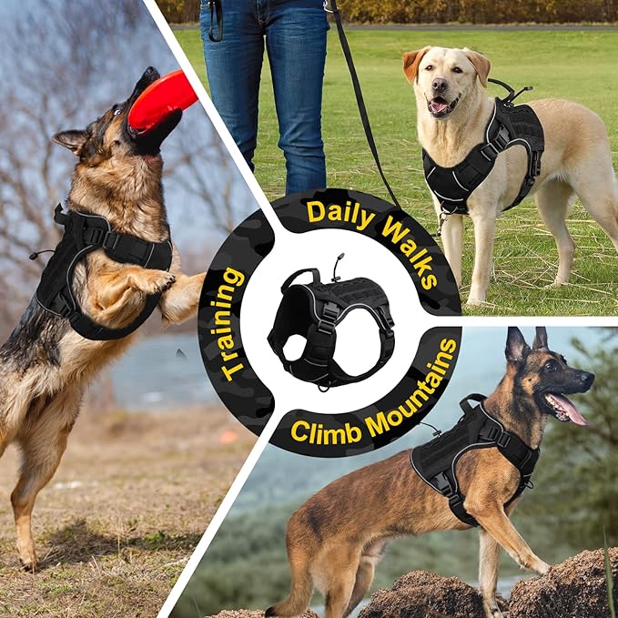 WINGOIN Black Tactical Dog Harness for Large Dogs, Heavy Duty No Pull Dog Harness with Handle, Adjustable Reflective Military K9 Big Pet Vest for Husky, Doberman, Walking, Training, Hunting (XL)