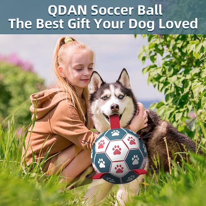 QDAN Dog Toys Extra Large Soccer Ball with Straps, Interactive Toys for Tug of War, Puppy Birthday Toy, Dog Water Toy, Dog Balls for Large Dog -Blue&Red (9 Inch)