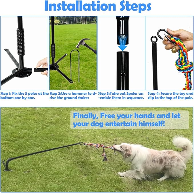 Outdoor Dog Toy,Interactive Exercise Game in Yard Park Tug of War Tether for Large Medium Small Dog with 2 Rope Toy and Bell Pull Chase and Solo Play