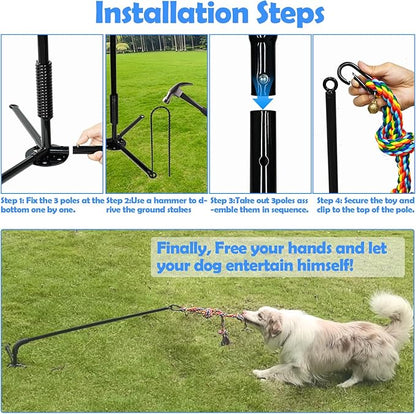 Outdoor Dog Toy,Interactive Exercise Game in Yard Park Tug of War Tether for Large Medium Small Dog with 2 Rope Toy and Bell Pull Chase and Solo Play
