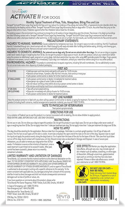 TevraPet Activate II Flea and Tick Prevention for Dogs | 4 Count | Extra Large Dogs 55+ lbs | Topical Drops | 4 Months Flea Treatment