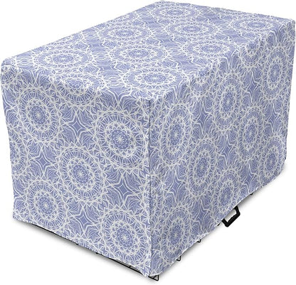 Lunarable Mandala Dog Crate Cover, Ceremonial Retro Minimal Far Eastern Pattern, Easy to Use Pet Kennel Cover for Cats & Medium Dogs, 24 Inch, Lavender Blue and White