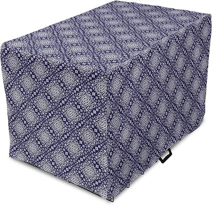 Lunarable Royal Blue Dog Crate Cover, Antique Moroccan Style Exotic Orient Inspired Ceramic Pattern Print Art, Easy to Use Pet Kennel Cover for Medium Large Dogs, 36 Inch, Indigo and White