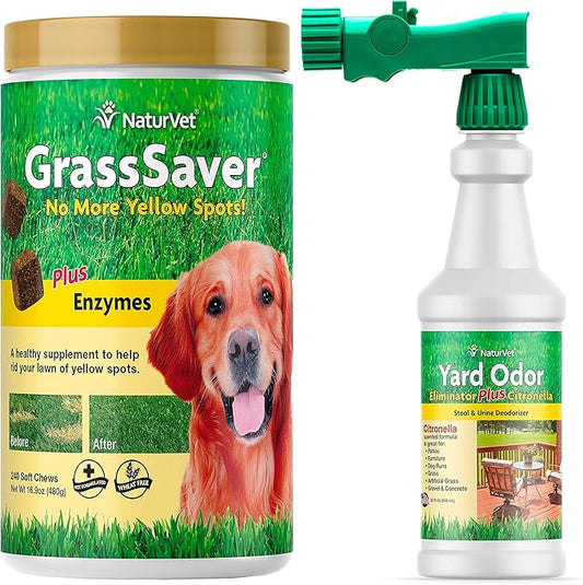 NaturVet GrassSaver 240 Ct & Yard Odor Eliminator Plus Citronella 32oz Spray Bundle | Keep Grass Green, Rid Your Lawn of Yellow Patches Caused by Dog Urine | Eliminate Stool & Urine Odors from Lawn