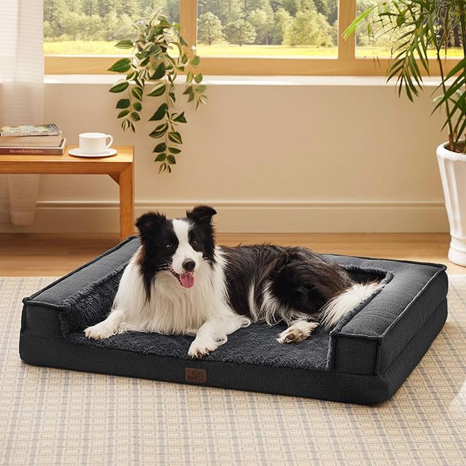 Bedsure Orthopedic Dog Bed for Large Dogs - Supportive Egg Foam Dog Sofa Bed, Bolster Couch Pet Bed with Removable Waterproof Washable Cover, Comfy Plush Velvet Fluff Surface, Nonskid Bottom, Charcoal