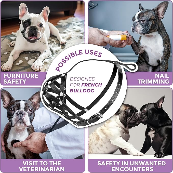 Soft Leather French Bulldog Muzzle – Frenchie Muzzle for Biting and Grooming – Short Snout Dog Muzzle for Small Brachycephalic Breed Dogs: Pug, Shih Tzu, Bulldogs, Boston Terrier (S Size)