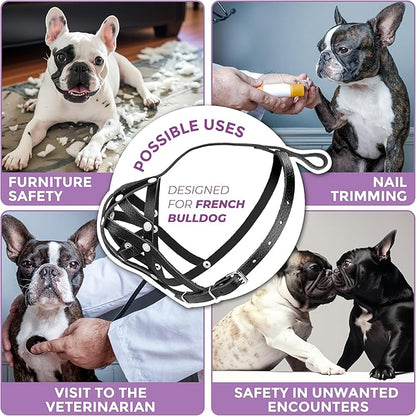 Soft Leather French Bulldog Muzzle – Frenchie Muzzle for Biting and Grooming – Short Snout Dog Muzzle for Small Brachycephalic Breed Dogs: Pug, Shih Tzu, Bulldogs, Boston Terrier (S Size)