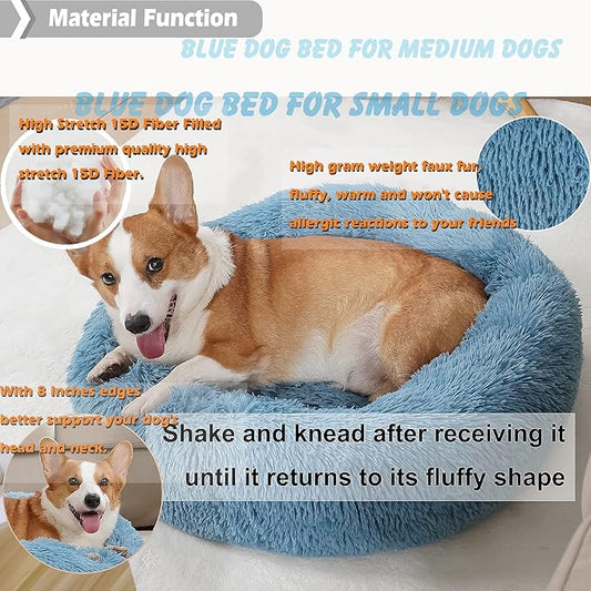 Dog Beds for Medium Dogs Washable Calming Bed for Dogs Blue Fluffy and Soft Dog Bed Anti Anxiety Faux Fur Round Medium Sized Pet Bed for Dogs