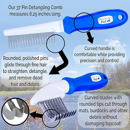 2 In 1 Dematting Razor Comb and 37 Pin Detangling Pet Comb Set - Removes Knots, Matted Fur, & Tangles Gently For Dogs & Cats
