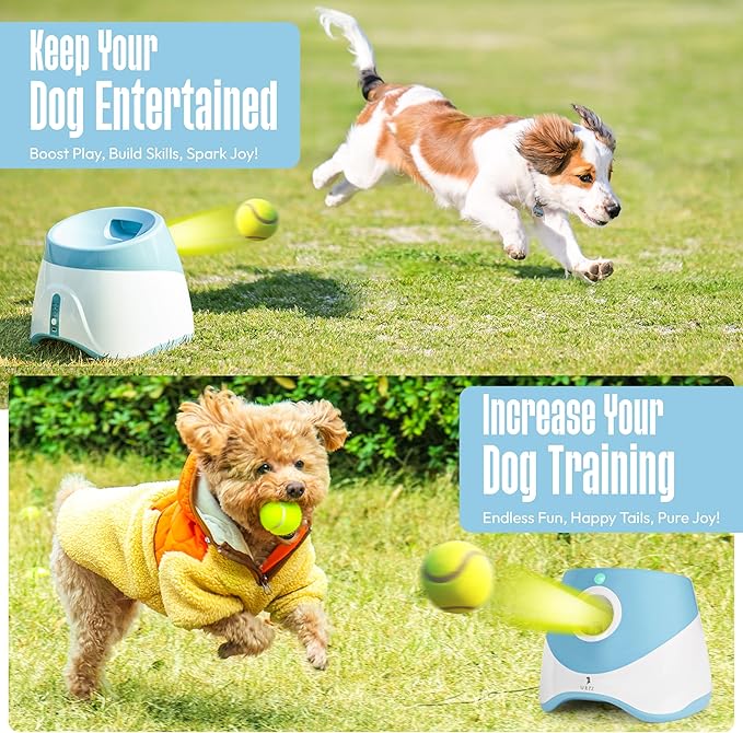 Automatic Dog Ball Launcher for Small Dogs – Dog Ball Thrower for Indoor Outdoor with 3 Adjustable Distance Settings 10ft, 20ft, and 30ft – Interactive Toy with 3 Mini Tennis Balls 2 Inch