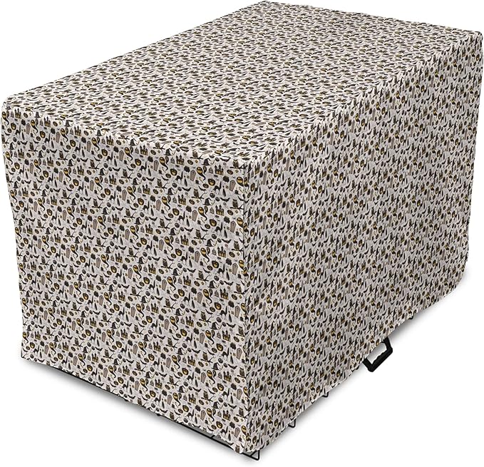 Lunarable Vintage Halloween Dog Crate Cover, Halloween Cartoon Jack o' Lantern Tombstone Skulls and Bones, Easy to Use Pet Kennel Cover for Medium Large Dogs, 42 Inch, Pale Grey