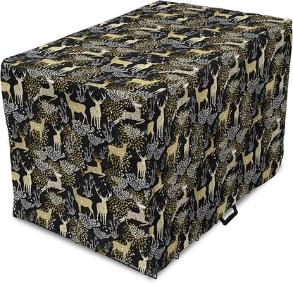 Ambesonne Christmas Dog Crate Cover, Nature Woodland and Deer Silhouettes with Oriental Ornaments Design, Easy to Use Pet Kennel Cover for Medium Large Dogs, 48 Inch, Yellow White Black
