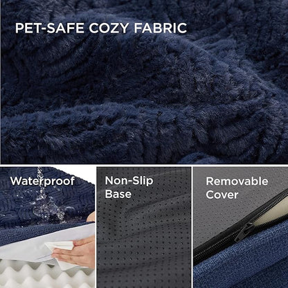Bedsure Orthopedic Dog Bed for Large Dog - Supportive Egg Foam Dog Sofa Bed, Bolster Couch Pet Bed with Removable Waterproof Washable Cover, Comfy Plush Velvet Fluff Surface, Nonskid Bottom, Deep Blue