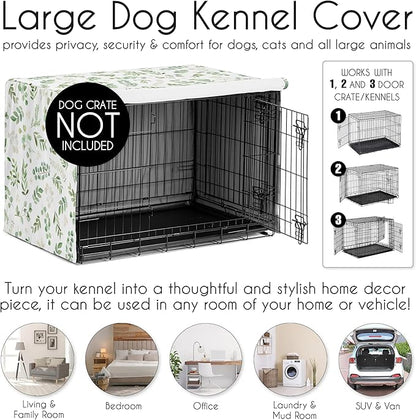 Sweet Jojo Designs Green Boho Floral Leaf Dog Crate Cover – Kennel Covers for 48 Inch Pet Cage Large - Neutral Sage White Bohemian Watercolor Botanical Flower Woodland Tropical Garden Nature