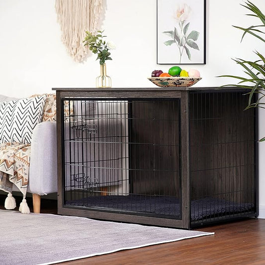 DWANTON Dog Crate Furniture with Cushion, XL Wooden Dog Crate with Double Doors, Large Dog Crate Furniture, Dog Kennel Indoor, End Table, Extra Large, 43.3" L, Dark Grey
