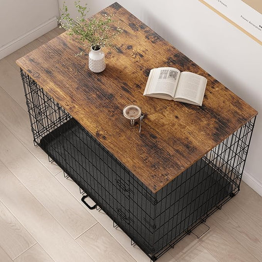Piskyet Dog Crate Topper Wood Countertop for 48 42 36 30 24 inch Dog Cage, Dog Crate Cover,Dog Kennel Topper, 42" Rustic Brown(Crate Not Include)