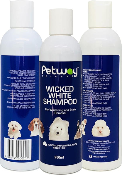Petcare Wicked White Whitening & Stain Removal Shampoo for Dogs with White Coat, Deep Cleanse to The Coat & Skin, Free of Phosphates & Parabens, pH Balanced, Removes Dirt & Odor, 250ml