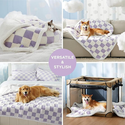 Lesure Waterproof Dog Blanket for Large Dogs - Washable Double Sided Dog Blankets with Warm Jacquard Shag and Soft Sherpa Fleece, Pet Cat Blanket for Bed Couch Protection, 3D Textured Checks, Purple