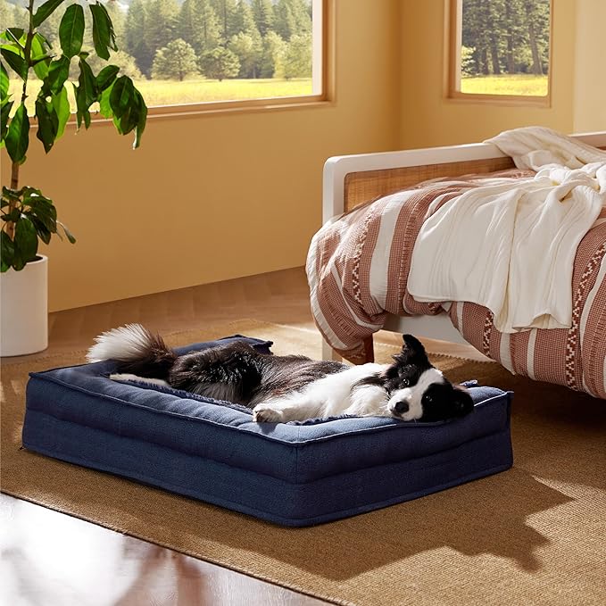Bedsure Orthopedic Dog Bed for Large Dog - Supportive Egg Foam Dog Sofa Bed, Bolster Couch Pet Bed with Removable Waterproof Washable Cover, Comfy Plush Velvet Fluff Surface, Nonskid Bottom, Deep Blue