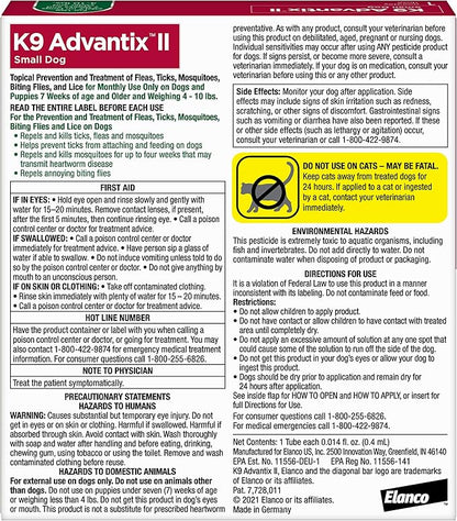 K9 Advantix II Small Dog Vet-Recommended Flea, Tick & Mosquito Treatment & Prevention | Dogs 4-10 lbs. | 1-Mo Supply