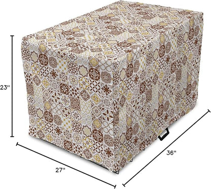 Lunarable Ethnic Dog Crate Cover, Portuguese Azulejo Mosaics with Floral Scrolls Retro Mediterranean, Easy to Use Pet Kennel Cover for Medium Large Dogs, 36 Inch, Chocolate Earth Yellow