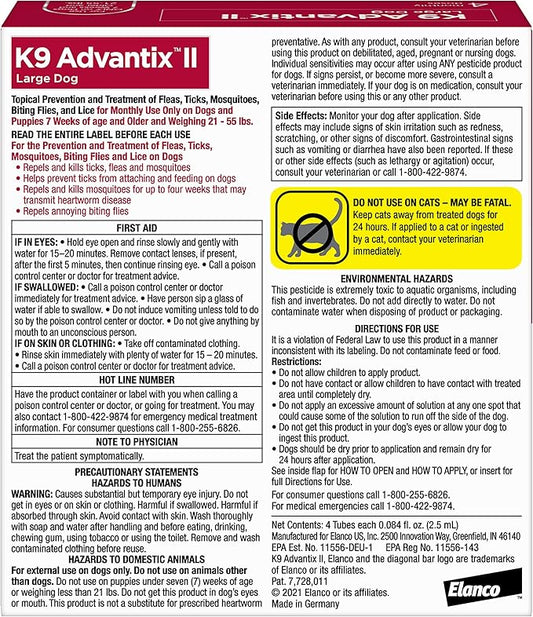K9 Advantix II Large Dog Vet-Recommended Flea, Tick & Mosquito Treatment & Prevention | Dogs 21 - 55 lbs. | 4-Mo Supply