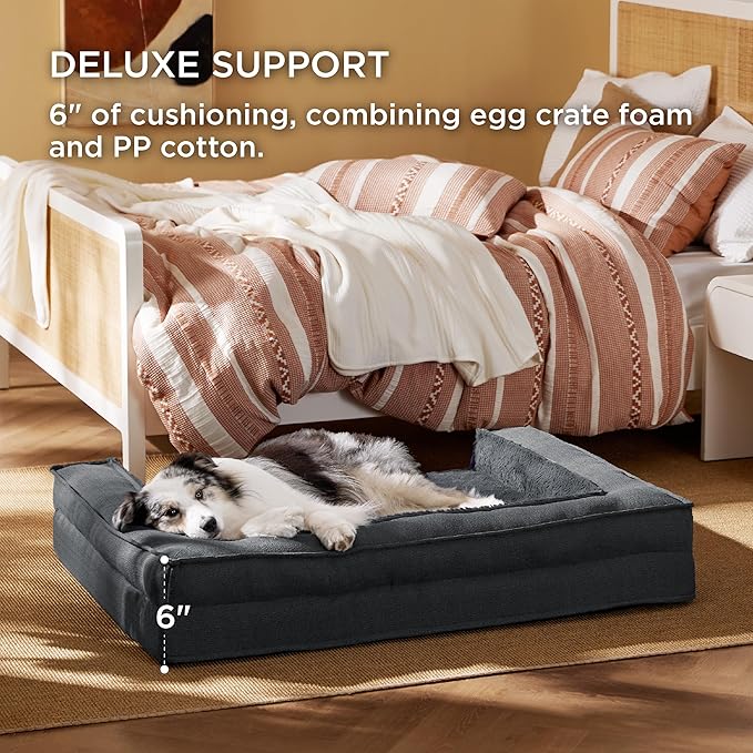 Bedsure Orthopedic Dog Bed for Extra Large Dogs - Egg Foam Dog Sofa Bed, Bolster Couch Pet Bed with Removable Waterproof Washable Cover, Comfy Plush Velvet Fluff Surface, Nonskid Bottom, Charcoal