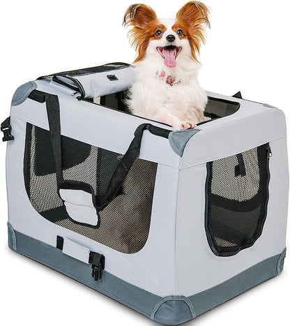 Folding Medium Dog Carrier (23,6"*16,5"*17,3") Pet Carrier, Soft Dog Crate with 3 Durable Tear-Resistant Mesh Window, Soft Pad and Bag for Supplies, Travel Crate Kennel for Pets (Gray)