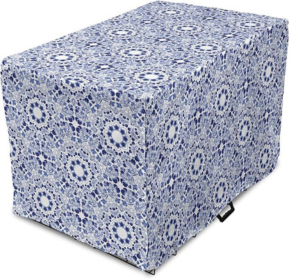 Lunarable Traditional Dog Crate Cover, Circular Flowers and Stripes Russian Gzhel Pattern Classic Motifs, Easy to Use Pet Kennel Cover for Medium Large Dogs, 48 Inch, Pale Blue
