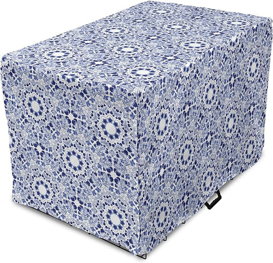 Lunarable Traditional Dog Crate Cover, Circular Flowers and Stripes Russian Gzhel Pattern Classic Motifs, Easy to Use Pet Kennel Cover for Medium Large Dogs, 48 Inch, Pale Blue