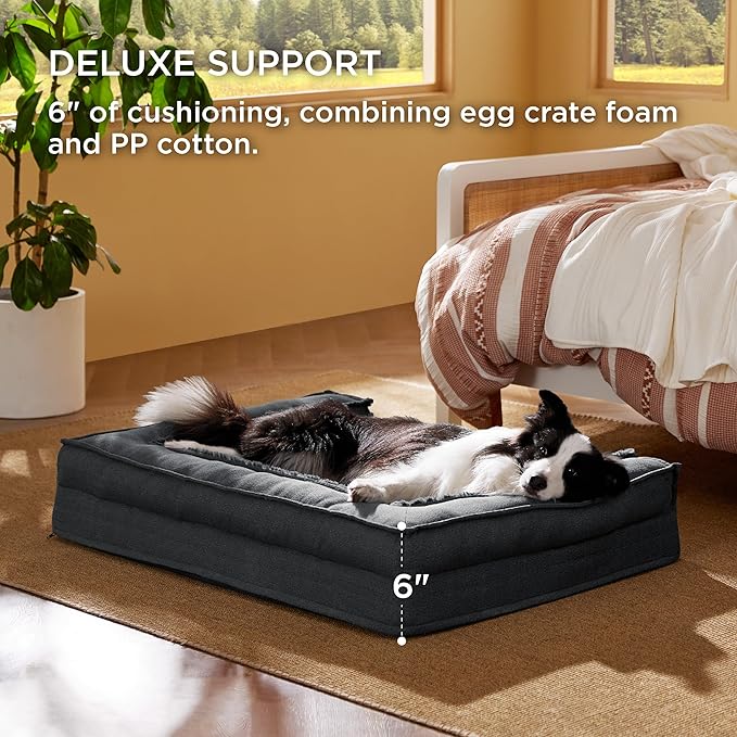 Bedsure Orthopedic Dog Bed for Large Dogs - Supportive Egg Foam Dog Sofa Bed, Bolster Couch Pet Bed with Removable Waterproof Washable Cover, Comfy Plush Velvet Fluff Surface, Nonskid Bottom, Charcoal