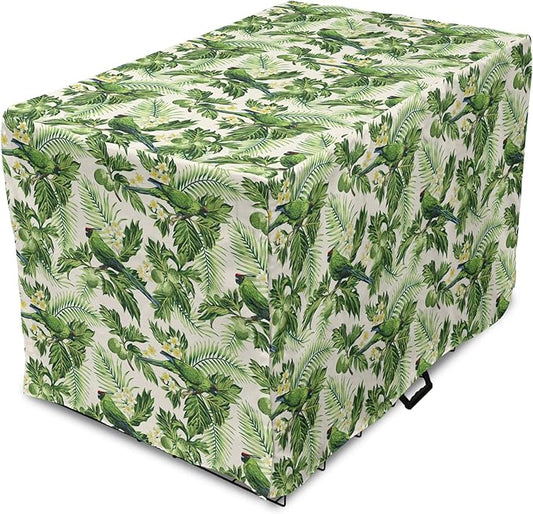 Lunarable Green Dog Crate Cover, Exotic Tropic Pattern with Palm Leaves Breadfruits Plumeria Flowers and Parrots, Easy to Use Pet Kennel Cover for Small Dogs Puppies Kittens, 22 Inch, Lime Green Cream